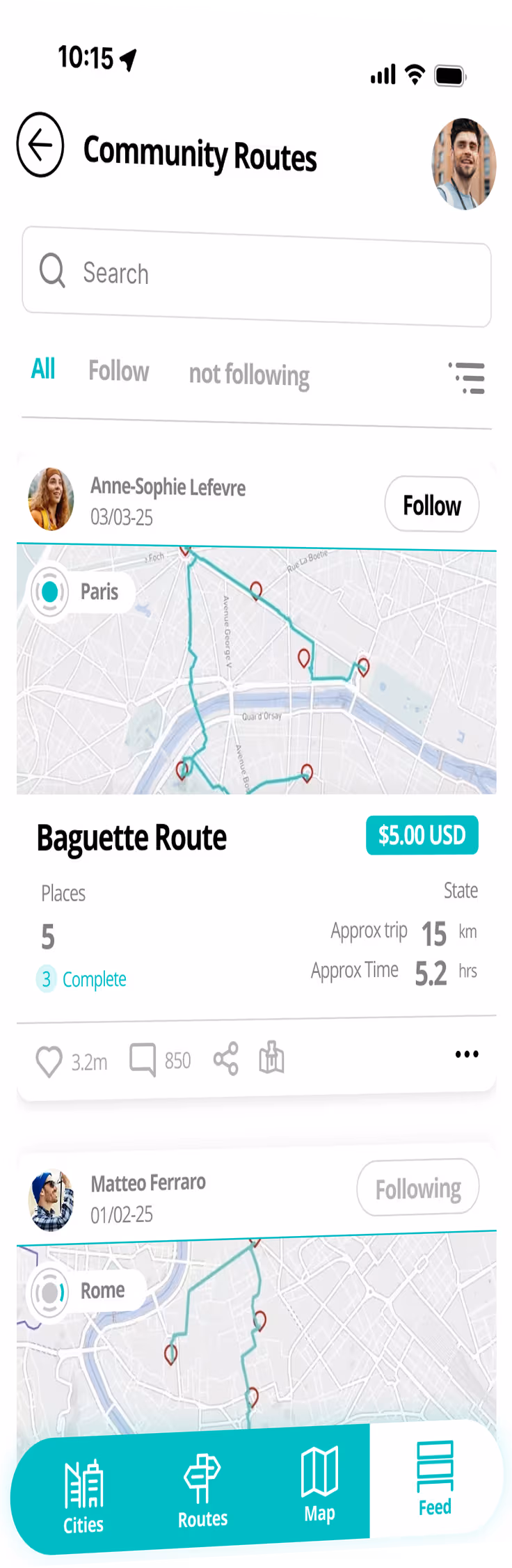 Explore curated travel routes in Borondo app
